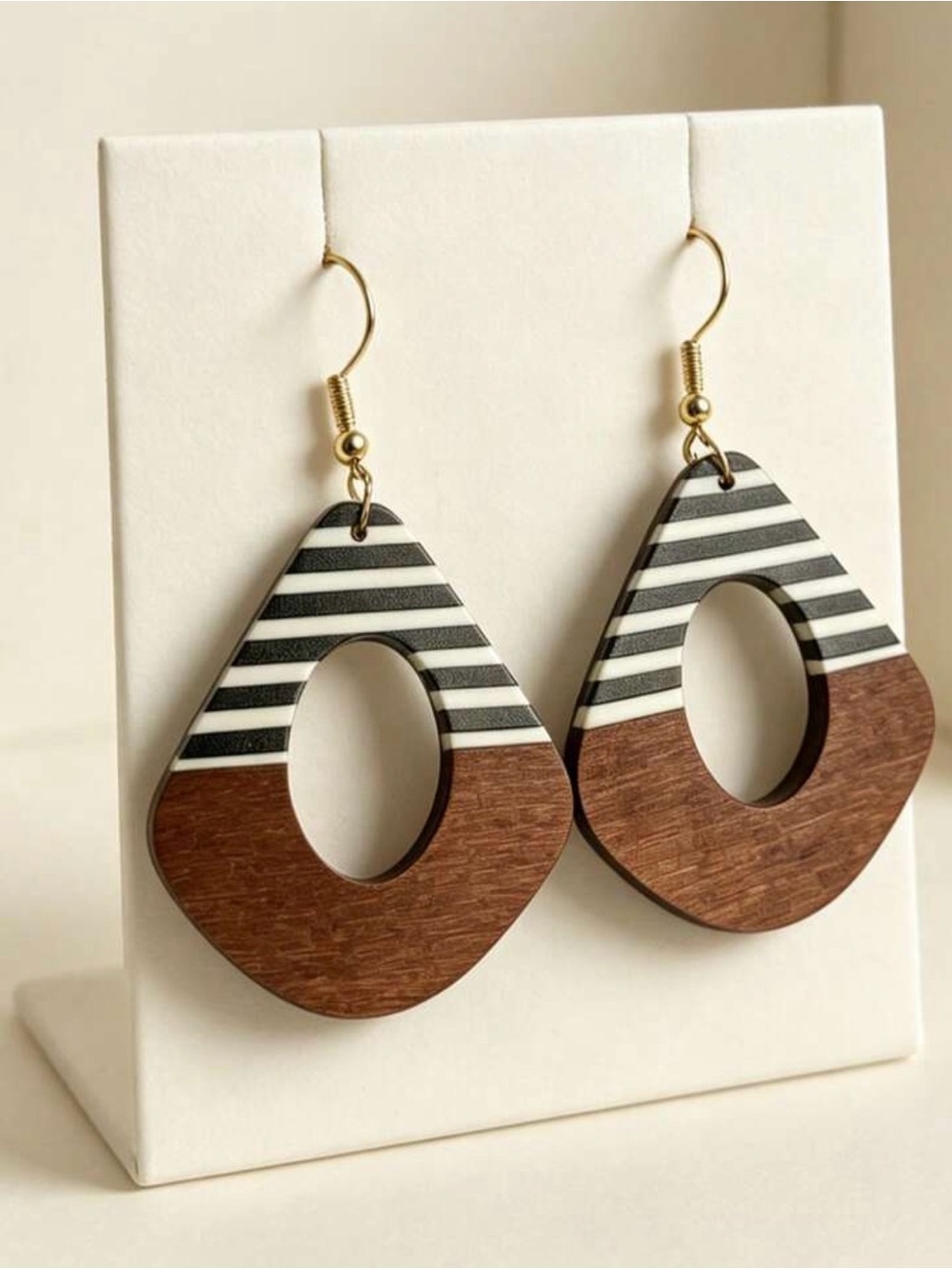 Striped Black & White with Wood Teardrop Earrings - Women Jewelry